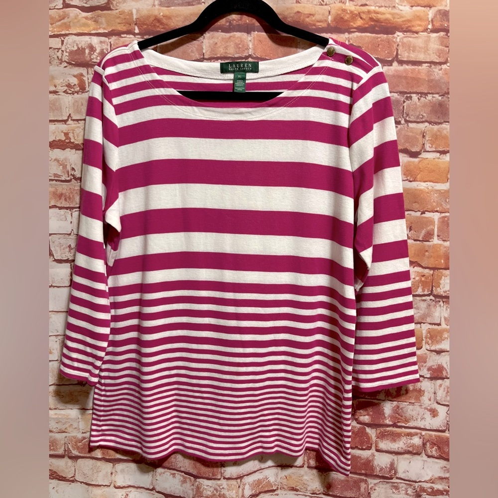 Ralph Lauren White and Pink 3/4 Sleeve Boxy Blouse size XL. Excellent condition